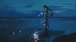  1boy black_hair blue_theme boots bug butterfly chinese_clothes covered_face fireflies floating_hair glowing glowing_butterfly hanfu highres long_hair long_sleeves luo_xiaohei_zhanji male_focus nature night night_sky ocean outdoors rock shore sky solo standing standing_on_one_leg tiptoes very_long_hair waves wuxian_(the_legend_of_luoxiaohei) ye_(ran_chiiipye) 