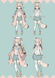  animal_ear_fluff animal_ears beret boots brown_footwear brown_jacket collared_shirt commentary_request female hair_ornament hairclip hat highres jacket kneehighs komachi_panko looking_at_viewer multiple_views name_tag navel official_art open_hands phase_connect pink_eyes shirt sleeveless sleeveless_shirt socks star_(symbol) tail tam-u v-shaped_eyebrows virtual_youtuber white_headwear white_shirt 