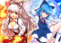  2girls bad_id bad_pixiv_id blue_eyes blue_hair bow breasts cirno cleavage cryokinesis fire fujiwara_no_mokou hairbow ice long_hair medium_breasts multiple_girls nosuku polar_opposites pyrokinesis red_eyes short_hair smile suspenders touhou very_long_hair white_hair 