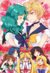  6+girls ^^^ aino_minako aqua_hair bad_id bad_pixiv_id bishoujo_senshi_sailor_moon bishoujo_senshi_sailor_moon_s blonde_hair blue_choker blue_eyes blue_hair blue_sailor_collar blush bow breasts brown_eyes brown_hair choker cleavage closed_eyes cosmic_heart_compact crescent earrings elbow_gloves flower gloves green_choker green_eyes green_sailor_collar group_picture hairbow half_updo hand_to_own_mouth hino_rei imagining jewelry kaiou_michiru kino_makoto kisaki_nana long_hair magical_girl medium_breasts mizuno_ami multiple_girls neck open_mouth orange_choker orange_sailor_collar petals pink_bow red_bow red_sailor_collar rose sailor_collar sailor_jupiter sailor_mars sailor_mercury sailor_moon sailor_neptune sailor_senshi sailor_senshi_uniform sailor_uranus sailor_venus short_hair star_(symbol) ten&#039;ou_haruka tsukino_usagi very_short_hair wavy_mouth white_gloves yellow_bow yuri 