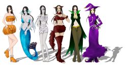  black_hair blue_eyes boa_hancock breasts earrings female highres invisible_woman jewelry k_kuroto large_breasts mermaid monster_girl multiple_persona mummy one_piece pumpkin red_eyes vampire werewolf witch yellow_eyes 