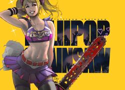  1boy belt blonde_hair blood blue_eyes candy chainsaw cheerleader clothes_writing commentary_request crop_top david_semsei female food grin heart juliet_starling lollipop lollipop_chainsaw midriff navel nick_carlyle photoshop_(medium) severed_head smile thighhighs twintails wristband 