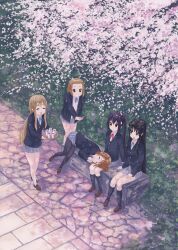  5girls akiyama_mio bench cherry_blossoms commentary_request cup from_above highres hirasawa_yui isou_nagi k-on! kotobuki_tsumugi mug multiple_girls nakano_azusa outdoors pantyhose pavement photoshop_(medium) running_bond sakuragaoka_high_school_uniform scenery school_uniform sitting sleeping tainaka_ritsu tray 