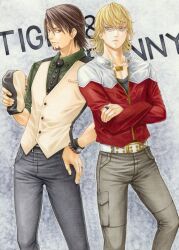  2boys bad_id bad_pixiv_id barnaby_brooks_jr. belt blonde_hair brown_eyes brown_hair cabbie_hat colored_pencil_(medium) corrupted_metadata crossed_arms facial_hair glasses green_eyes hat holding holding_clothes holding_hat jacket jewelry juliejulie kaburagi_t._kotetsu marker_(medium) multiple_boys necklace necktie red_jacket short_hair stubble studded_belt tiger_&amp;_bunny traditional_media unworn_hat unworn_headwear vest waistcoat 