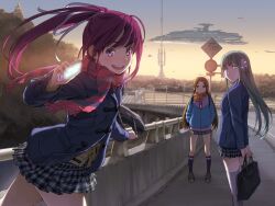  3girls bag black_socks blue_jacket brown_eyes brown_hair cellphone detexted evening green_eyes green_hair guard_rail headphones holding holding_bag jacket lamppost legs long_sleeves multiple_girls naruko_hanaharu original outdoors pavement phone plaid plaid_skirt pleated_skirt purple_eyes purple_hair road road_sign scarf school_uniform sign skirt socks spacecraft standing teeth thighhighs third-party_edit tower twintails upper_teeth_only white_thighhighs zettai_ryouiki 