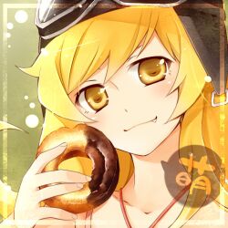  bad_id bad_nicoseiga_id bakemonogatari blonde_hair choco_fashion doughnut female food goggles looking_at_viewer lowres monogatari_(series) nisemonogatari oerba_yun_fang old-fashioned_doughnut oshino_shinobu shima_riu smile solo yellow_eyes 