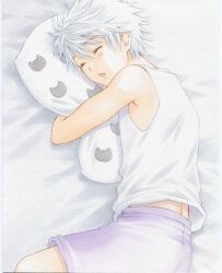  1boy bad_id bad_pixiv_id colored_pencil_(medium) corrupted_metadata hugging_object hunter_x_hunter juliejulie killua_zoldyck male_focus marker_(medium) pillow pillow_hug shorts sleeping solo tank_top traditional_media white_hair 