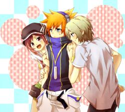  2boys bare_shoulders belt blue_eyes brown_hair cross female hat kiryu_yoshiya kiryuu_yoshiya misaki_shiki multiple_boys orange_hair purple_eyes red_eyes red_hair sakuraba_neku subarashiki_kono_sekai 