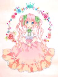  :o bare_shoulders blue_eyes blush clover clover_hair_ornament commentary_request crown dress ech female flower four-leaf_clover four-leaf_clover_hair_ornament gown green_crown hair_ornament head_tilt long_hair looking_at_viewer open_mouth original pink_hair pointed_crown sleeveless sleeveless_dress solo twintails wavy_hair wreath wrist_cuffs 