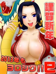  amazon amazon_lily black_hair blue_eyes boa_hancock breasts cleavage earrings female female jewelry large_breasts mamared one_piece salome_(one_piece) solo 