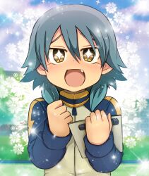  1boy blush commentary_request green_hair inazuma_eleven_(series) inazuma_eleven_go kamiya_zuzu kariya_masaki long_hair male_focus oerba_yun_fang open_mouth solo symbol-shaped_pupils yellow_eyes 