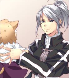  2girls animal_ears armor blue_eyes breastplate carnival_phantasm cat_ears cat_tail commentary_request cropped_jacket holding jacket lowres melty_blood multiple_girls neco-arc riesbyfe_stridberg short_hair short_ponytail sweatdrop tail tsukihime uchida_shiki white_hair 