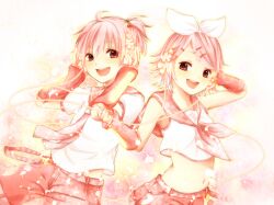  1boy alternate_color bad_id bad_pixiv_id bow brown_eyes cable cherry cherry_blossoms female food fruit hair_ornament hairbow hairclip hands_on_headphones happy kagamine_len kagamine_rin midriff n_(nico_ed) navel open_mouth petals pink_hair pink_theme sailor_collar sakura_len sakura_rin vocaloid 