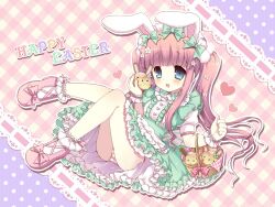  animal_ears blue_eyes blush bow bunny bunny_ears cake english fake_animal_ears female flower food hair_flower hair_ornament hair_ribbon hairbow headdress lolicon lolita_fashion long_hair looking_back open_mouth original panties pantyshot pantyshot_(sitting) pink_hair ribbon sitting smile solo striped striped_panties suama sweet_lolita twintails underwear 