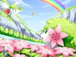  flower forest green_eyes nature no_humans pokemon rainbow river scenery shaymin 