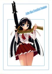  ammunition_belt black_hair blue_eyes breasts gun hair_ribbon hidan_no_aria highres hotogi_shirayuki kobuichi long_hair m60 machine_gun medium_breasts muririn perky_breasts red_skirt ribbon school_uniform serafuku simple_background skirt solo very_long_hair weapon 