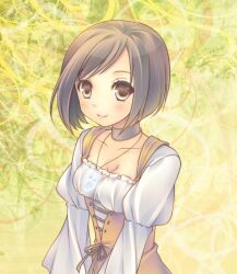  bad_id bad_pixiv_id breasts brown_eyes brown_hair choker cleavage collarbone female final_fantasy final_fantasy_ix garnet_til_alexandros_xvii gem highres jewelry medium_breasts necklace pendant short_hair smile solo yumegi_(mg.) 