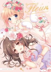  2girls :d ahoge angel_wings arm_support bad_id bad_pixiv_id bird blonde_hair blue_eyes blush bow bracelet braid breasts brown_eyes brown_hair circle_name commentary_request cover cover_page dress eyes_visible_through_hair flower flower_wreath frilled_gloves frills gloves hair_flower hair_ornament head_wreath heart jewelry key kokoa-chan_(pan_(mimi)) layered_dress letter lingerie long_hair looking_at_viewer love_letter lying medium_breasts mini_wings multiple_girls negligee on_back on_stomach open_mouth original pan_(mimi) panties photoshop_(medium) rose see-through short_hair smile ten-chan_(pan_(mimi)) underwear wings 