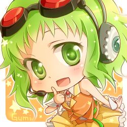  blush chibi commentary_request female goggles goggles_on_head green_eyes green_hair gumi headphones looking_at_viewer lowres open_mouth red-tinted_eyewear shima_riu smile solo star_(symbol) tinted_eyewear vocaloid 