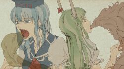  2girls blue_eyes blue_hair commentary_request dress dual_persona ex-keine green_hair hat horns kamishirasawa_keine long_hair multiple_girls open_mouth red_eyes ribbon touhou uruo 