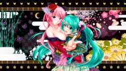  2girls blue_eyes breasts chou_(module) cleavage commentary_request flower foreshortening green_eyes green_hair hair_flower hair_ornament hana_(module) hatsune_miku highres hug large_breasts long_hair magnet_(vocaloid) megurine_luka multiple_girls oerba_yun_fang off_shoulder open_mouth photoshop_(medium) pink_hair project_diva_(series) project_diva_2nd tsukineko twintails very_long_hair vocaloid 