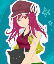  breasts cross female hat hood midriff misaki_shiki pink_hair red_eyes subarashiki_kono_sekai 