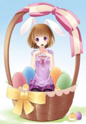  :3 animal_ears bad_deviantart_id bad_id basket bird black_pantyhose blouse bow brown_hair chick cookie easter easter_egg egg female food hitsukuya in_basket in_container mouth_hold original oversized_object pantyhose paw_pose purple_eyes purple_shirt purple_skirt rabbit_ears ribbon seiza shirt short_hair short_sleeves sitting skirt solo 