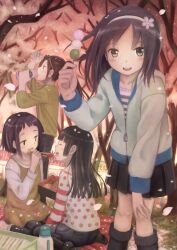  4girls bento black_eyes black_hair black_legwear bob_cut boots brown_hair can cherry_blossoms chopsticks commentary_request container dango eyewear_on_head feeding flower food food_art hair_flower hair_ornament hairband hanami highres hood hoodie knee_boots long_hair looking_at_viewer market_stall multiple_girls open_mouth original petals picnic pleated_skirt ponytail sandwich sanshoku_dango short_hair sitting skewer skirt smile taka_(tsmix) tako-san_wiener thighhighs tree wagashi wariza 