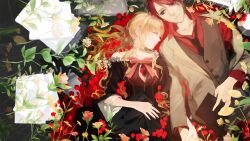  1boy beatrice_(umineko) blonde_hair bow brown_eyes closed_eyes commentary_request couple dress female flower formal highres holding_hands long_hair md5_mismatch necktie pink_bow red_flower red_hair red_rose resolution_mismatch rose selmy32c sleeping smile source_smaller straight suit umineko_no_naku_koro_ni ushiromiya_battler 