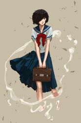  bag black_hair briefcase brown_background commentary_request female hair_over_one_eye holding nazo_no_kanojo_x sakamoto_kengo school_bag school_briefcase school_uniform solo urabe_mikoto v_arms wind 