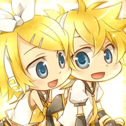  1boy blonde_hair blue_eyes brother_and_sister chibi commentary_request female hair_ornament hair_ribbon hairclip kagamine_len kagamine_rin open_mouth ribbon shima_riu siblings smile twins vocaloid 