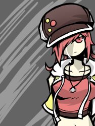  breasts female grey_background hat misaki_shiki red_eyes red_hair solo subarashiki_kono_sekai tears 