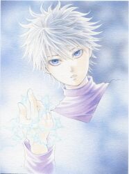  1boy bad_id bad_pixiv_id blue_eyes colored_pencil_(medium) corrupted_metadata hunter_x_hunter juliejulie killua_zoldyck male_focus marker_(medium) solo traditional_media white_hair 