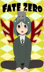  1boy animal animal_on_head argyle_background black_eyes black_hair command_spell commentary_request fate/zero fate_(series) indian_style male_focus mouse_(animal) mouse_on_head necktie on_head parted_bangs sitting waver_velvet yellow_background yu_(13377) 