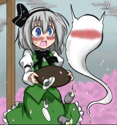  black_hairband blue_eyes blush cherry_blossoms colorized commentary_request cup dropping female frilled_skirt frills futa_(nabezoko) grey_hair hair_ribbon hairband hitodama holding kage_hitsugi konpaku_youmu konpaku_youmu_(ghost) lowres open_mouth pillar puffy_sleeves ribbon saucer short_hair skirt skirt_set solo sweat touhou tray vest 