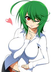  bad_id bad_pixiv_id belt breasts dress_shirt female green_hair heart impossible_clothes impossible_shirt kazami_yuuka mattari_yufi messy_hair navel one_eye_closed red_eyes shirt short_hair smile solo touhou 