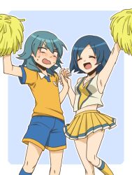  1boy bad_id bad_pixiv_id blush cheerleader closed_eyes commentary_request duplicate female green_hair image_sample inazuma_eleven_(series) inazuma_eleven_go izumi_kikaku kariya_masaki md5_mismatch pixel-perfect_duplicate pixiv_sample pom_pom_(cheerleading) raimon raimon_soccer_uniform short_hair skirt soccer_uniform sorano_aoi sportswear 