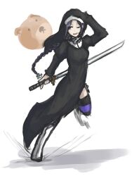  arceonn bad_link boots braid female habit katana knee_boots long_hair nun one_eye_closed purple_eyes purple_hair shinatsuhiko_yae side_slit single_braid solo striped_clothes striped_thighhighs sword thighhighs weapon white_footwear yozakura_quartet 