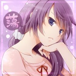  bakemonogatari blue_eyes commentary_request female hair_ornament hair_scrunchie head_rest long_hair looking_at_viewer low_ponytail lowres monogatari_(series) nisemonogatari portrait purple_hair scrunchie senjougahara_hitagi shima_riu solo white_scrunchie 