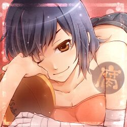  bakemonogatari bandages black_hair brown_eyes commentary_request female kanbaru_suruga lowres monogatari_(series) nisemonogatari one_eye_closed shima_riu smile solo 