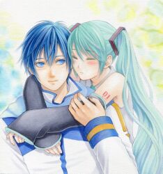  1boy aqua_hair bad_id bad_pixiv_id bare_shoulders blue_eyes blue_hair blush colored_pencil_(medium) corrupted_metadata couple detached_sleeves female hatsune_miku hug juliejulie kaito_(vocaloid) long_hair marker_(medium) short_hair straight traditional_media twintails vocaloid 