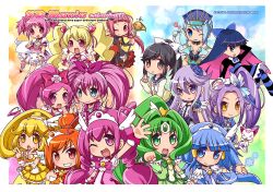  6+girls aoki_reika blue_choker blue_rose bow brooch choker commentary_request cover cover_page crossover crystal_earrings cure_beat cure_beauty cure_blossom cure_happy cure_march cure_melody cure_moonlight cure_peace cure_peach cure_sunny doujin_cover dungeon_and_fighter earrings fresh_precure! green_choker group_picture hair_flaps hair_ornament hanasaki_tsubomi heart heart_brooch heart_hair_ornament heartcatch_precure! high_ponytail hino_akane_(smile_precure!) hoshizora_miyuki houjou_hibiki hummy_(suite_precure) in-franchise_crossover jewelry kaname_madoka kaname_madoka_(magical_girl) karina_lyle katsuma_rei kurokawa_eren kyuubee love_plus mage_(dungeon_and_fighter) magical_girl mahou_shoujo_madoka_magica mahou_shoujo_madoka_magica_(anime) midorikawa_nao momozono_love multiple_crossover multiple_girls one_eye_closed orange_choker panty_&amp;_stocking_with_garterbelt pink_bow pink_choker pink_wrist_cuffs precure seiren_(suite_precure) shorts shorts_under_skirt skirt smile_precure stocking_(psg) suite_precure takane_manaka tiger_&amp;_bunny tsukikage_yuri wide_ponytail wrist_cuffs yayoi_kise yellow_choker yellow_shorts yellow_skirt 