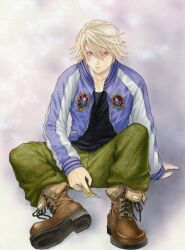  1boy bad_id bad_pixiv_id blonde_hair boots colored_pencil_(medium) corrupted_metadata ivan_karelin jacket juliejulie letterman_jacket male_focus marker_(medium) purple_eyes purple_jacket solo tiger_&amp;_bunny traditional_media 