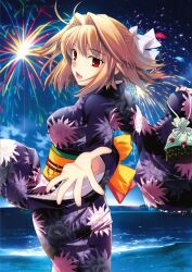  absurdres aerial_fireworks arcueid_brunestud blonde_hair breasts female fireworks floral_print fujima_takuya hair_ribbon highres japanese_clothes kimono kinchaku medium_breasts obi open_mouth outstretched_hand pouch purple_kimono red_eyes ribbon sash scan short_hair smile solo tsukihime 