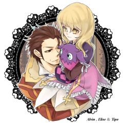  1boy alvin_(tales) bad_id bad_pixiv_id blonde_hair brown_eyes brown_hair carrying character_name coat creature dress elize_lutus female haruhiro purple_dress short_hair smile tales_of_(series) tales_of_xillia teepo_(tales) yellow_eyes 