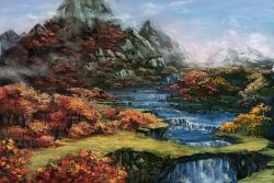  c.z. commentary_request faux_traditional_media fog forest gensokyo horizon landscape mountain mountain_of_faith nature no_humans outdoors photoshop_(medium) river scenery touhou water waterfall youkai_mountain 