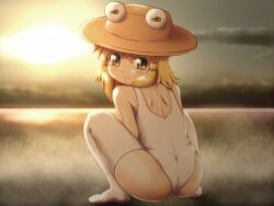  bare_shoulders blonde_hair casual_one-piece_swimsuit cloud commentary_request female from_behind hair_ribbon hat horizon looking_at_viewer looking_back moriya_suwako no_shoes one-piece_swimsuit reflection ribbon shirosato short_hair shoulder_blades sidelocks sky solo squatting sun swimsuit thighhighs touhou tress_ribbon yellow_eyes 