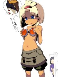  3girls bad_id bad_pixiv_id belly black_hair blonde_hair blue_eyes breast_padding caught goggles highres medic_(sekaiju_4) medic_2_(sekaiju_4) multiple_girls navel peeping purple_hair sekaiju_no_meikyuu sekaiju_no_meikyuu_4 short_hair simple_background sniper_(sekaiju) sniper_4_(sekaiju) sweat swordsman_(sekaiju_4) swordsman_2_(sekaiju_4) takeda_yukimura thought_bubble topless translated white_background 