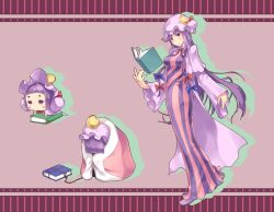  3girls blush_stickers book capelet chibi commentary_request crescent dress evolution evolutionary_line floating futon hair_ribbon hat leavanny long_hair multiple_girls multiple_persona open_book parody patchouli_knowledge pokemon pokemon_(creature) purple_eyes purple_hair ribbon sewaddle striped_clothes striped_dress sue_(bg-bros) swadloon touhou wide_sleeves wrapped_up 