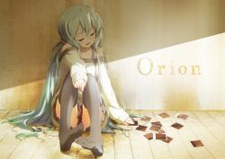  bare_shoulders black_thighhighs bun150 closed_eyes commentary_request female green_hair hatsune_miku long_hair open_mouth orion_(vocaloid) photo_(object) photoshop_(medium) polaroid sitting skirt solo sweater tears thighhighs twintails very_long_hair vocaloid 